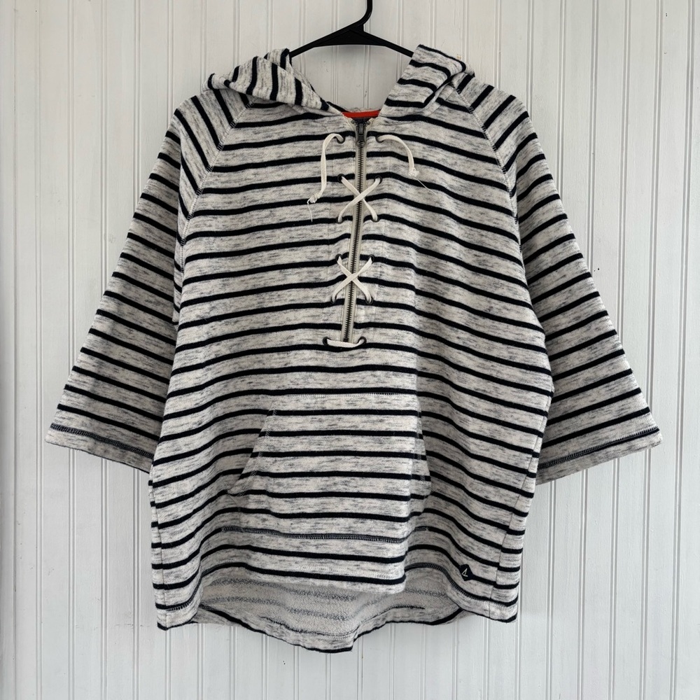 Sperry Women's Navy Blue Cream Heathered Striped Lace-Up Zip Front Hoodie LARGE